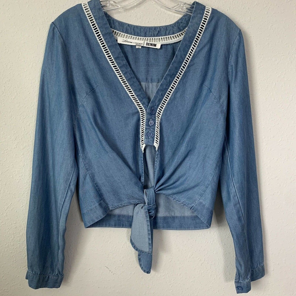 Lovers + Friends Denim Chambray Long Sleeve Tie Front Crop Top - Picture 2 of 6